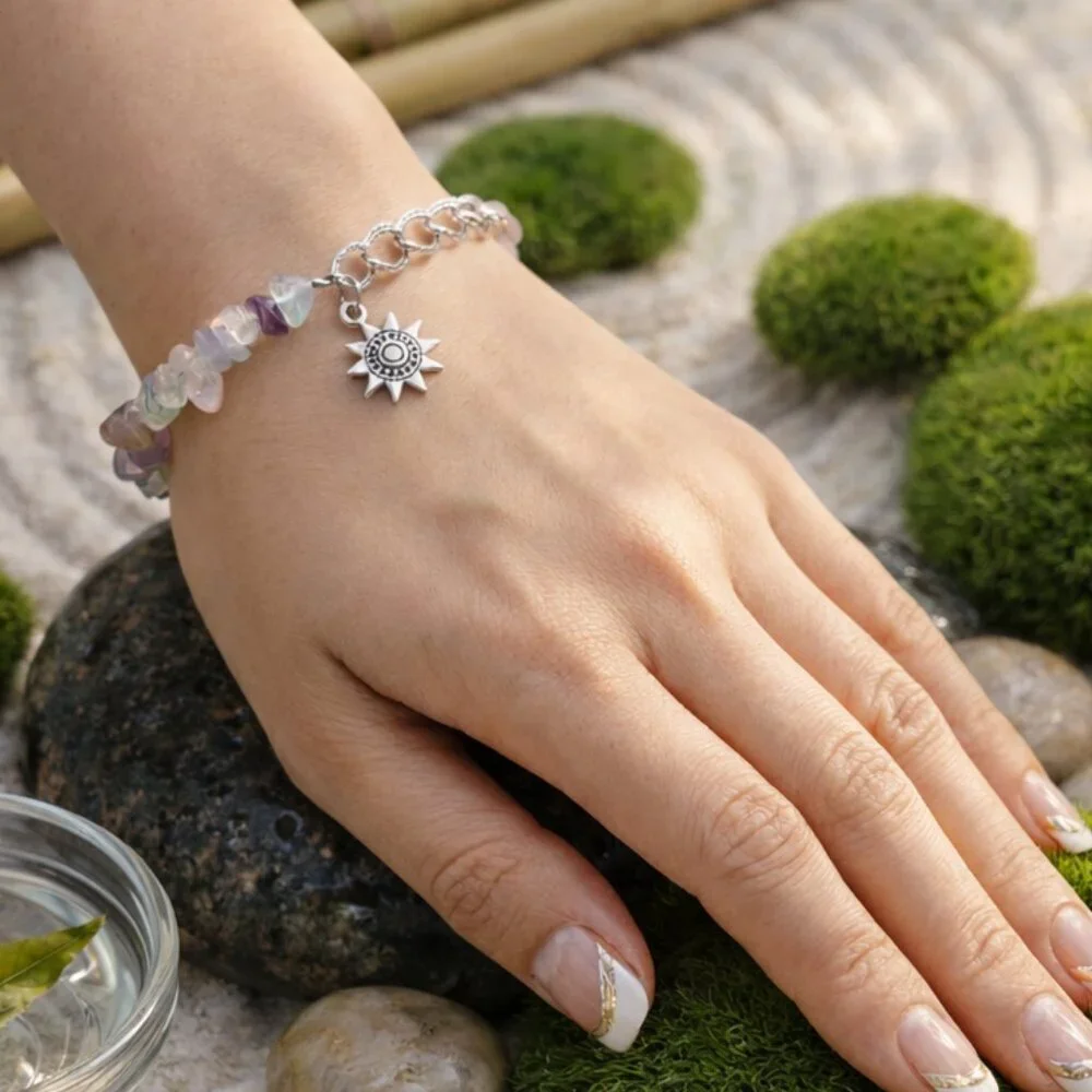 Rainbow Fluorite Silver Plated Bracelet Sun Charm Celestial Boho Crystal 7.5